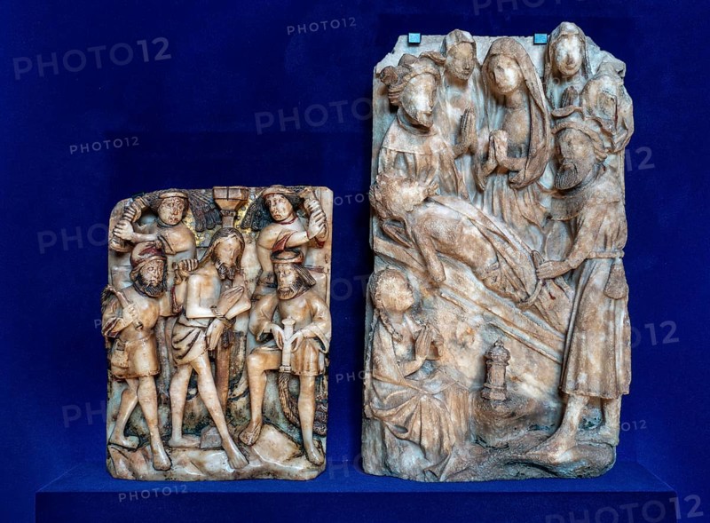 Flemish high relief artworks in the alabaster cabinet at Kasteel van Gaasbeek, renovated medieval castle at Lennik, Flemish Brabant, Belgium, Europe