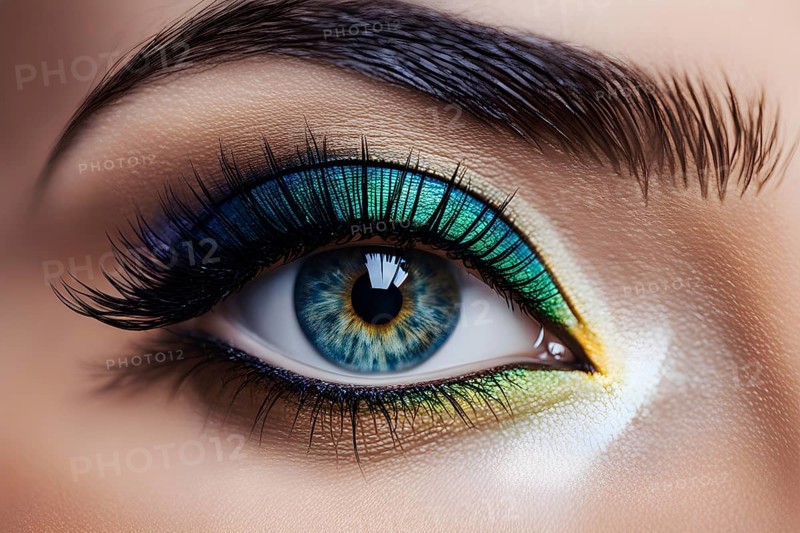 Close up of eye featuring vibrant colored eyelids with intense eye shadow, AI generated