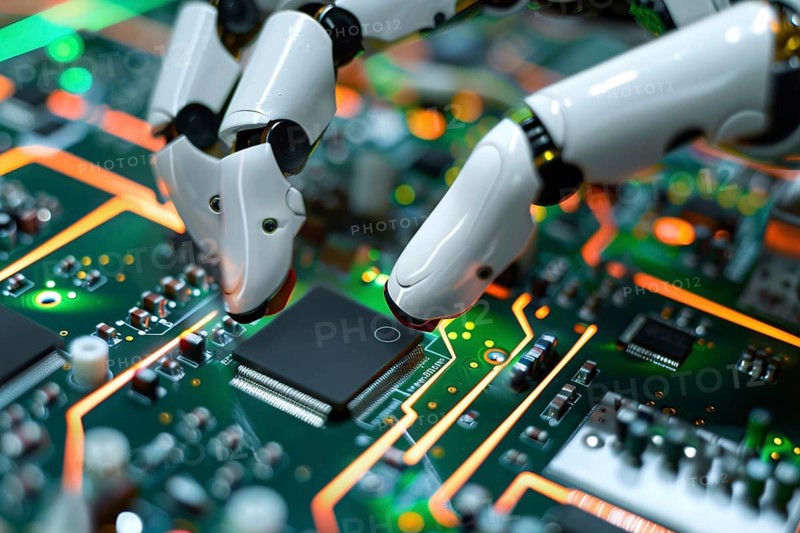 Close up of white artificial intelligence robot hand installing microchip. Generative AI, AI generated