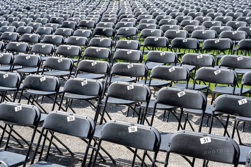 Chairs marked with numbers, rows of seats, rows of chairs at a music festival, Salem Castle, former imperial abbey, former monastery of the Cistercian order, Salem, Lake Constance, Lake Constance district, Baden-Württemberg, Germany, Europe