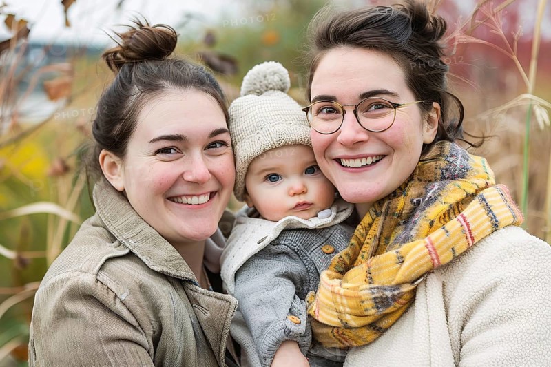 Amily portrait of happy female homosexual couple with young child. Generative Ai, AI generated