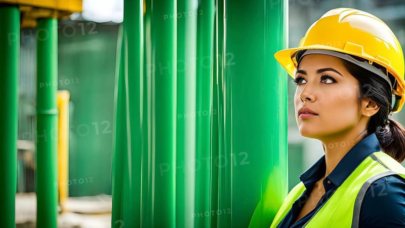 Portrait of a female construction worker wearing a yellow helmet, AI generated