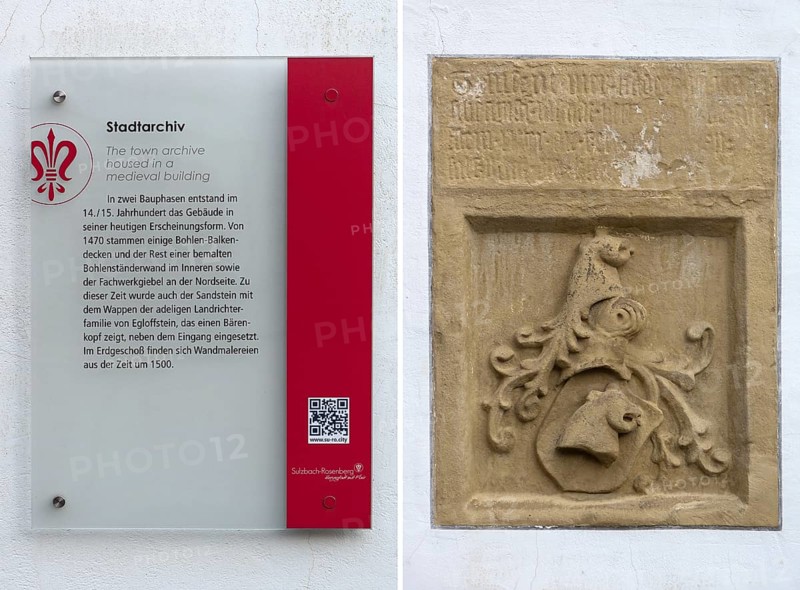 Information board at the town archive and the historical coat of arms of the noble land judge family von Egloffstein, 15th century, Sulzbach-Rosenberg, Upper Palatinate, Bavaria, Germany, Europe