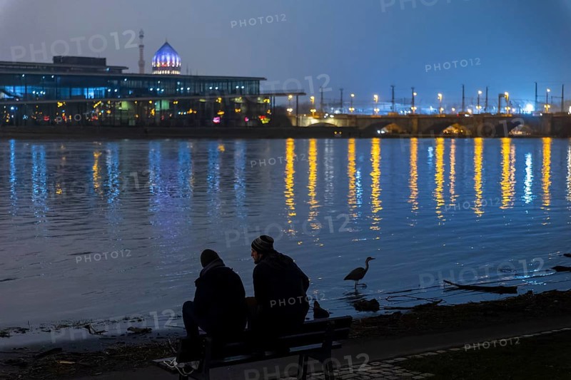 At the first flood of 2024, the peak has been passed and the water levels are slowly falling again. The Elbe meadows on the Neustäter Ufer are still flooded and the historic old town skyline is reflected impressively large A heron strides along the banks of the Elbe, Dresden, Saxony, Germany, Europe