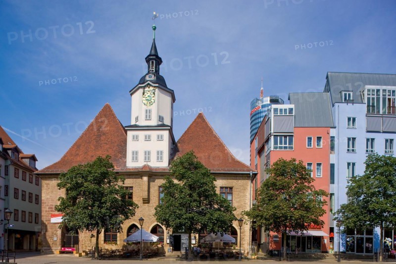 Jena is a university town and independent city in Thuringia in the metropolitan region of Central Germany. After the state capital Erfurt, it is the second largest city in Thuringia and one of the three regional centres of the state. Town hall with Hanfried monument on the market square, Jena, Thuringia, Germany, Europe