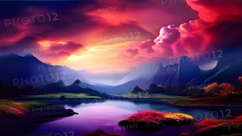 AI generated painting of a surreal landscape with mountains and a lake with digital brush strokes intertwining with watercolor