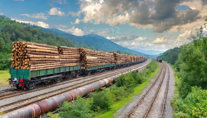 Forestry, timber industry, long goods train with goods wagons loaded with logs, AI generated, AI generated