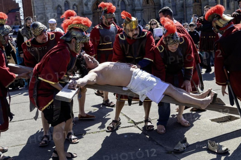 Detroit, Michigan, The Stations of the Cross are portrayed, in Spanish, on Good Friday at the Catholic Basilica of Ste. Anne. Ste. Anne was founded by French colonists in 1701. The church now serves a mostly Mexican-American community