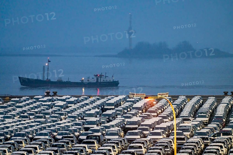 Parking space for import vehicles, hundreds of Hyundai Ioniq, electric cars, waiting for onward transport, ship on the Weser, at the EUROGATE container terminal in the overseas harbour of Bremerhaven, Lower Saxony, Germany, Europe