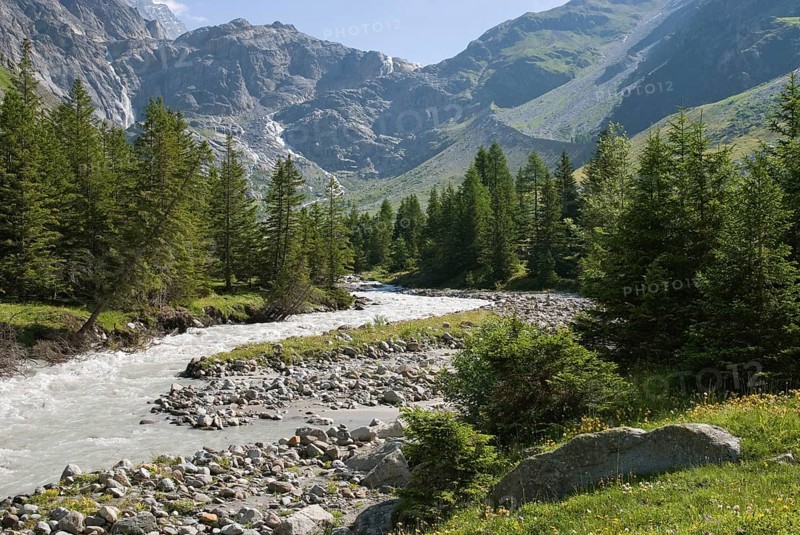 Kander mountain river in the upper Gasterntal valley, Bernese Oberland, Switzerland (Jungfrau-Aletsch-Bietschhorn UNESCO World Heritage Site)