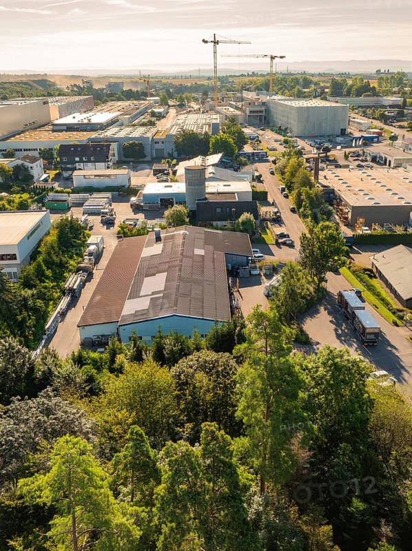 Various buildings of an industrial area, scattered cranes and trees along the streets, sunny and bright atmosphere, industrial area Wolfsberg, Nagold, Black Forest, Germany, Europe