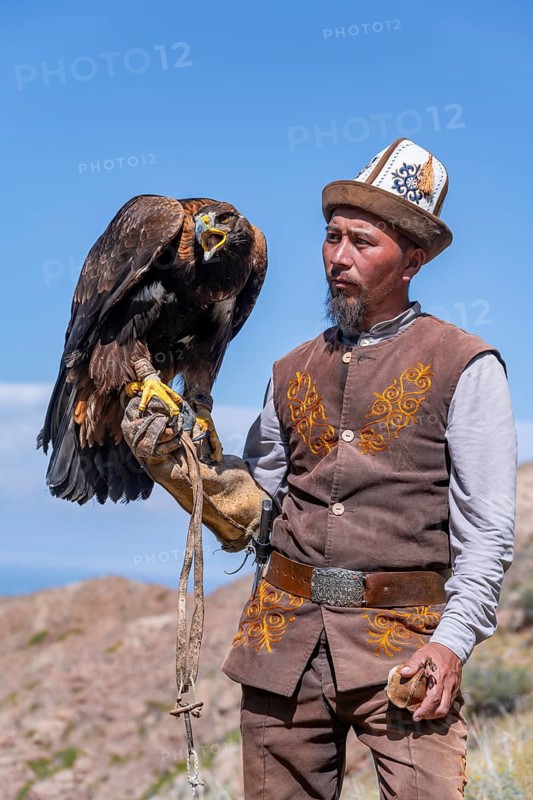 Traditional Kyrgyz eagle hunter with eagle in the mountains, near Kysyl-Suu, Kyrgyzstan, Asia