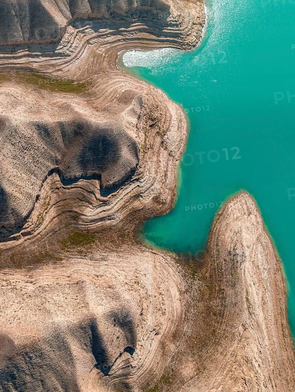 Top-Down, Barren landscape, Aerial view, Erosion landscape with canyons at the river Naryn, Toktogul reservoir, Kyrgyzstan, Asia