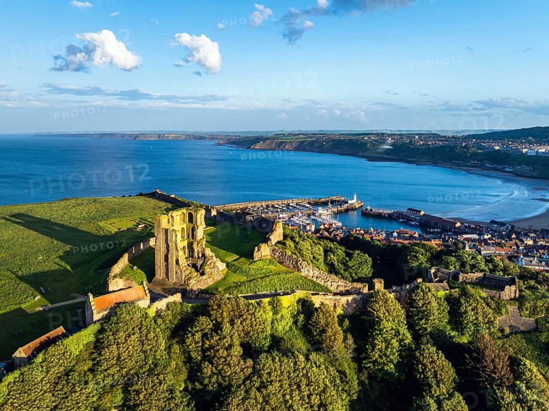 Scarborough Castle from a drone, Scarborough, North Yorkshire, England, United Kingdom, Europe