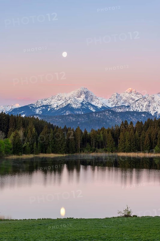 Hegratsrieder See near Füssen, Allgäu Alps, snow, moon, dawn, Allgäu, Bavaria, Germany, Europe