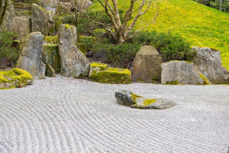 Zen garden, traditionally raked pebbles, Japanese garden, Gardens of the World, Berlin, Germany, Europe