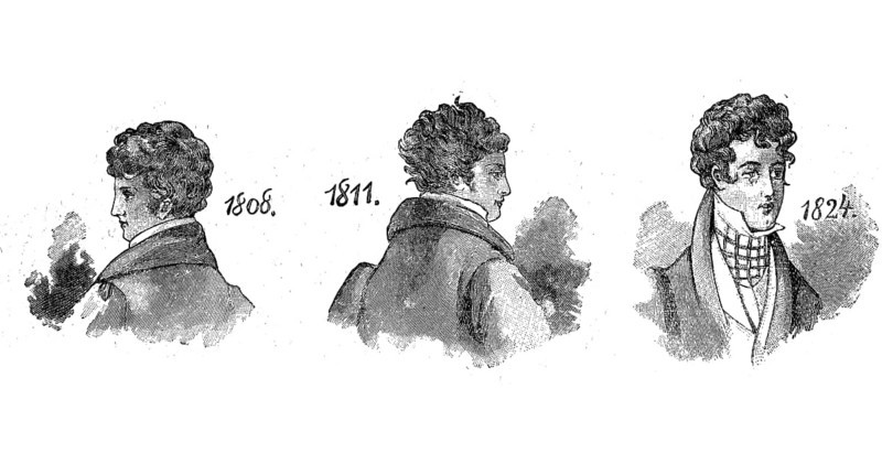 Men's fashion in the 19th century, hairstyles around 1808. 1811, 1824, historical, digital reproduction of an original from the 19th century