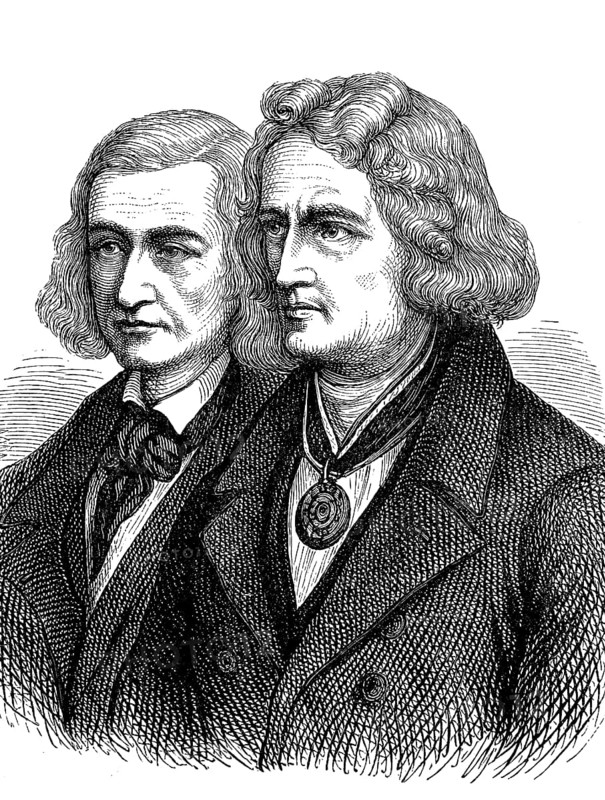 The linguists and folklorists Jacob Grimm (1785-1863) and Wilhelm Grimm (1786-1859) called themselves the Brothers Grimm when they published works together, such as their world-famous Children's and Household Tales and the German Dictionary of Words, Historical, digital reproduction of an original from the 19th century