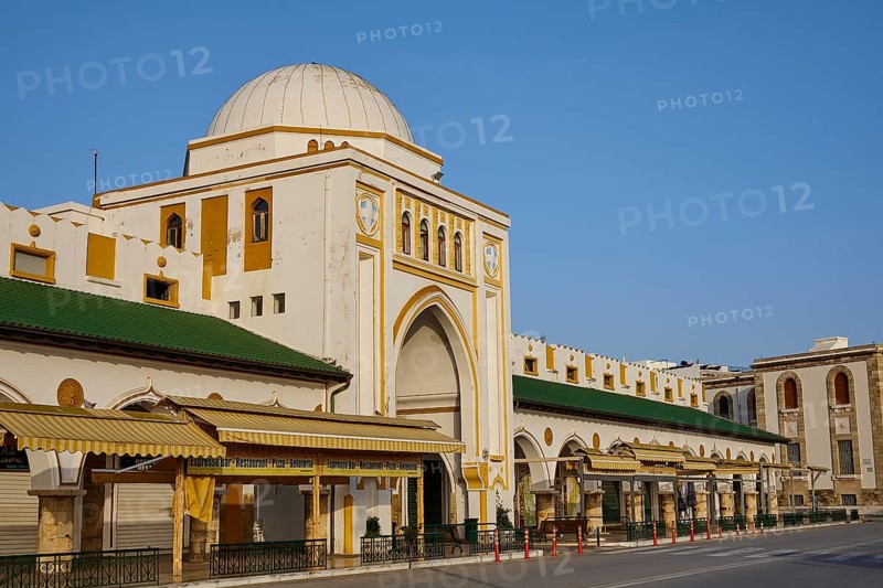 Market Hall, Nea Agora, Historic building with a large dome, central arcade and several windows, flanked by green roofs, Rhodes Old Town, Rhodes Town, Rhodes, Dodecanese, Greek Islands, Greece, Europe