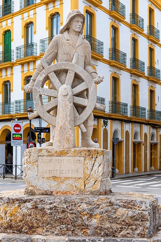 Statue of a helmsman at the harbour of Eivissa, Ibiza Town, Ibiza City, Ibiza, Balearic Islands, Mediterranean Sea, Spain, Europe