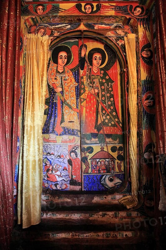 Ahamra region, Azoa Maryam round church on the Zeghie peninsula in Lake Tana, Lake Tsana or Lake Dembea, mural painting, Ethiopia, Africa