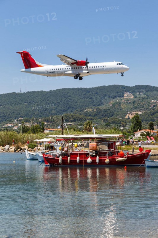 An Air Connect ATR 72-600 aircraft with the registration YR-ACB at Skiathos Airport, Greece, Europe