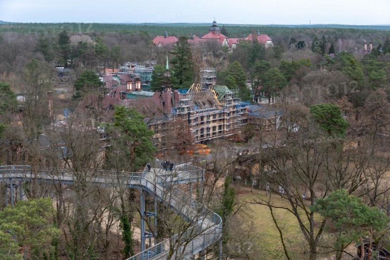 View from the treetop path to the buildings of the Beelitz-Heilstätten, former lung sanatorium, military hospital of the Soviet army from 1945 to 1994, today a lost place, Beelitz, Brandenburg, Germany, Europe
