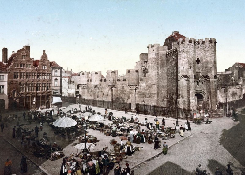 The market square of Ghent in Belgium, with the Chateau des Comtes in the background, around 1890, Historical, digitally restored reproduction from a 19th century original