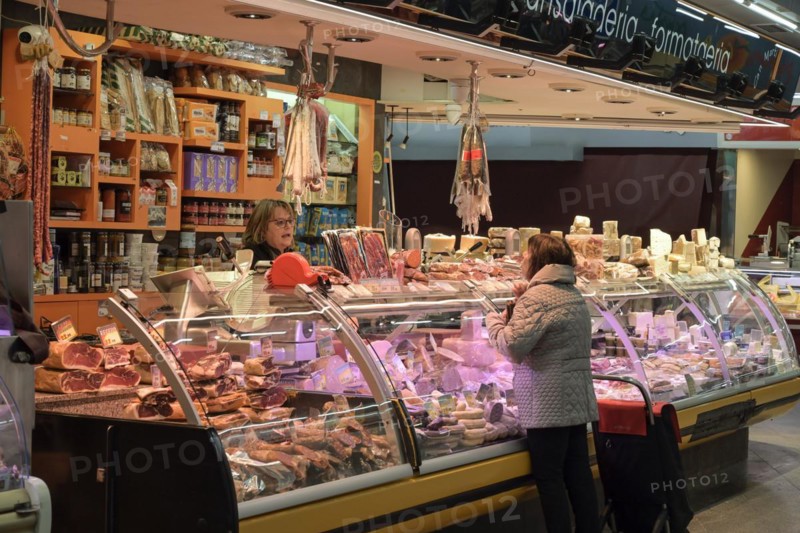 Cheese, ham and sausage products, Mercat de Santa Caterina, Barcelona, Catalonia, Spain, Europe