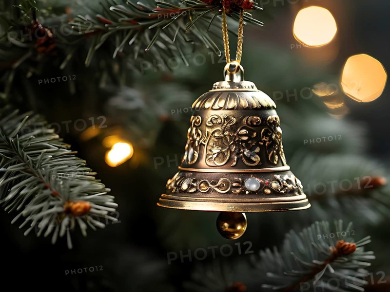 Vintage Christmas bell ornament hanging on a snow-dusted evergreen branch, capturing the intricate metallic details and soft reflections of nearby lights, AI generated