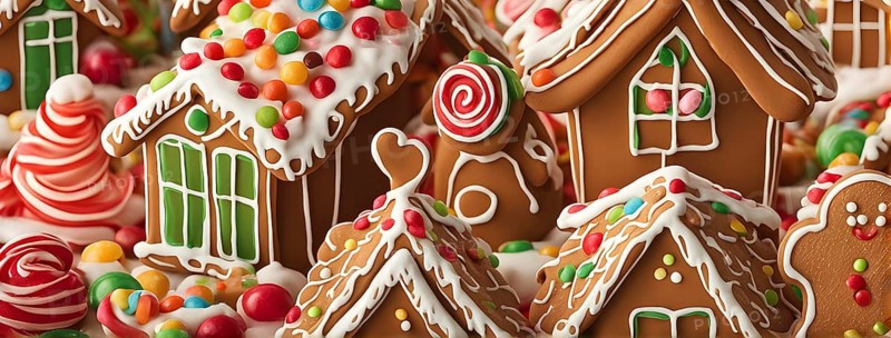 Abstract wallpaper illustration of of gingerbread house decoration, AI generated