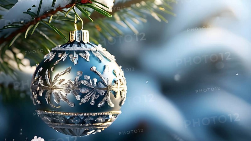 Set of Christmas ornaments hanging on a snow-covered pine tree branch, with frost clinging to the delicate glass and metal surfaces, AI generated