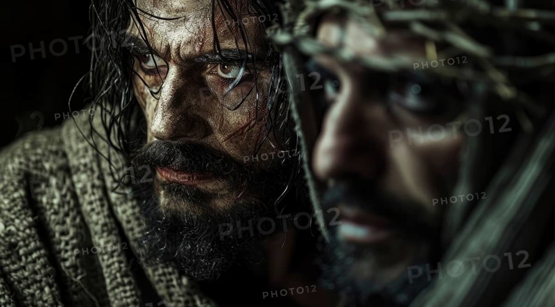 Judas Iscariot plotting to betray Jesus and his disciples. Concept of greediness and betrayal, AI generated