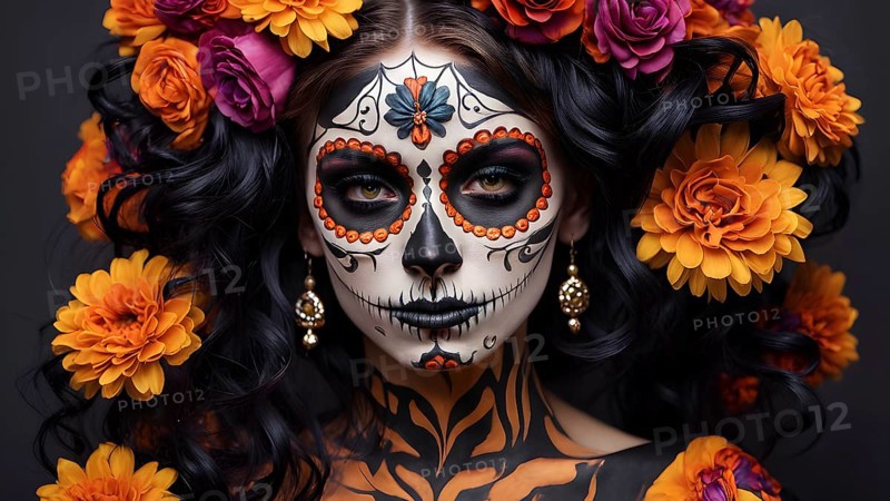 Woman in an extravagant dia de los muertos costume and a vibrant face makeup, AI generated