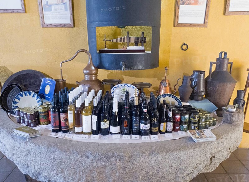 Antique display of products and bottles on a stone table in front of a yellow wall, products from the Tabernas desert, olives, olive oil, desert, Almeria, Andalusia, Spain, Europe
