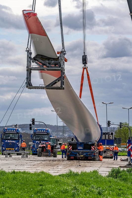 Preparation for the transport of a 68 metre long blade, a wind turbine, with a self-propelled Blade-Lifter vehicle, over a 40 km long route in the Bergisches Land, through towns, villages, over country roads, narrow through roads, to the construction site of the wind turbine near Hagen, North Rhine-Westphalia, Germany, Europe
