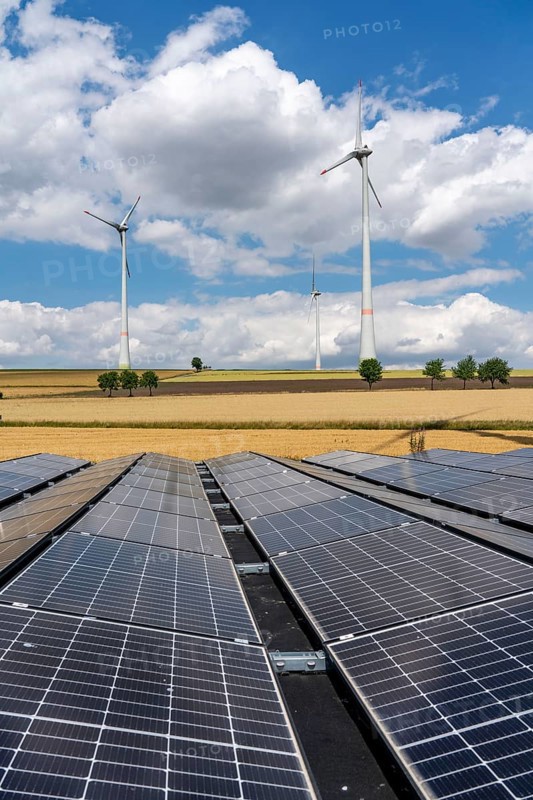 Wind farm near Lichtenau, Ostwestfalen-Lippe, a 100 kW solar power system was installed on the crane installation area in front of a wind turbine, as a trial, so the unused former construction site areas could be used for PV systems, North Rhine-Westphalia, Germany, Europe