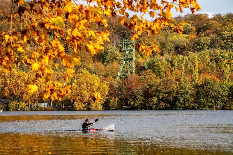 Lake Baldeney, on the western shore, Heisingen district, headframe of the former Carl Funke colliery, Essen, autumn, North Rhine-Westphalia, Germany, Europe