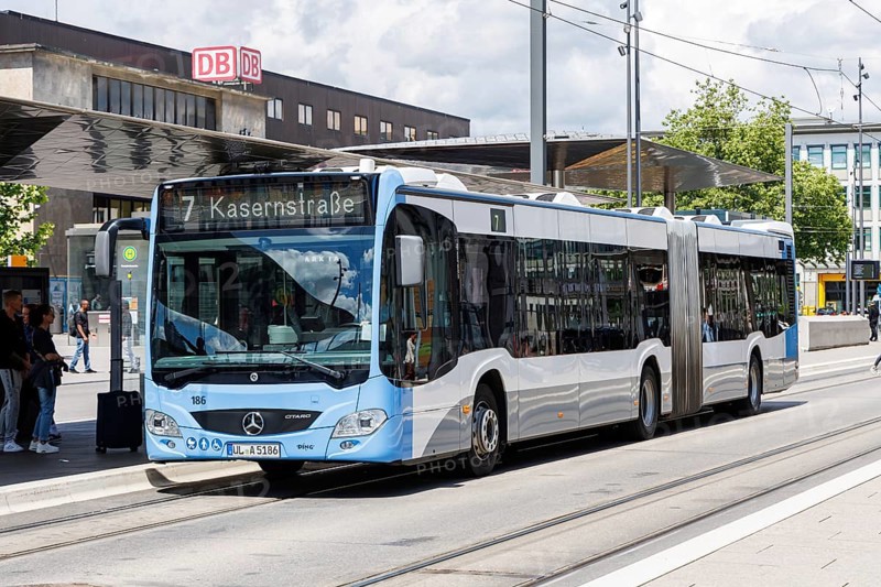 Mercedes-Benz Citaro public transport bus at the main railway station stop in Ulm, Germany, Europe