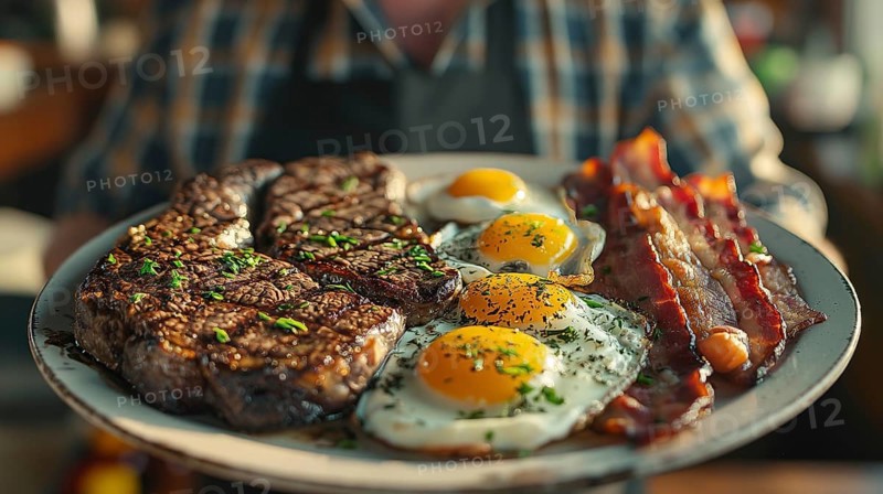 Man holding out A plate filled with steak, bacon and eggs. generative AI, AI generated