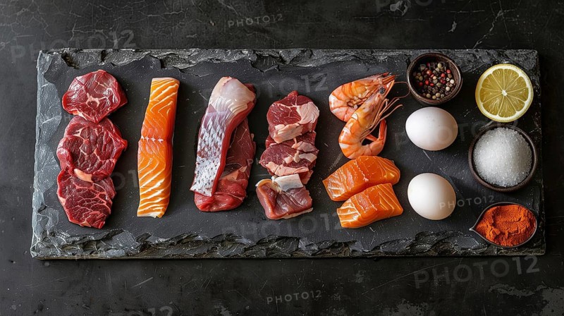 All meat, fish and eggs platter overhead. generative AI, AI generated