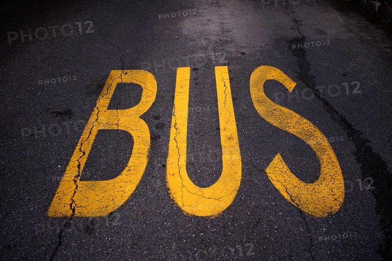 Bus lane, marking on road reserved lane for bus, traffic, Schenna, Scena, South Tyrol, Autonomous Province of Bolzano, Italy, Europe