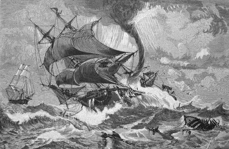 A ship in the South Atlantic Ocean, caught by a tornado, Tornado, Historical, digitally restored reproduction from a 19th century original, c. 1890, Record date not stated