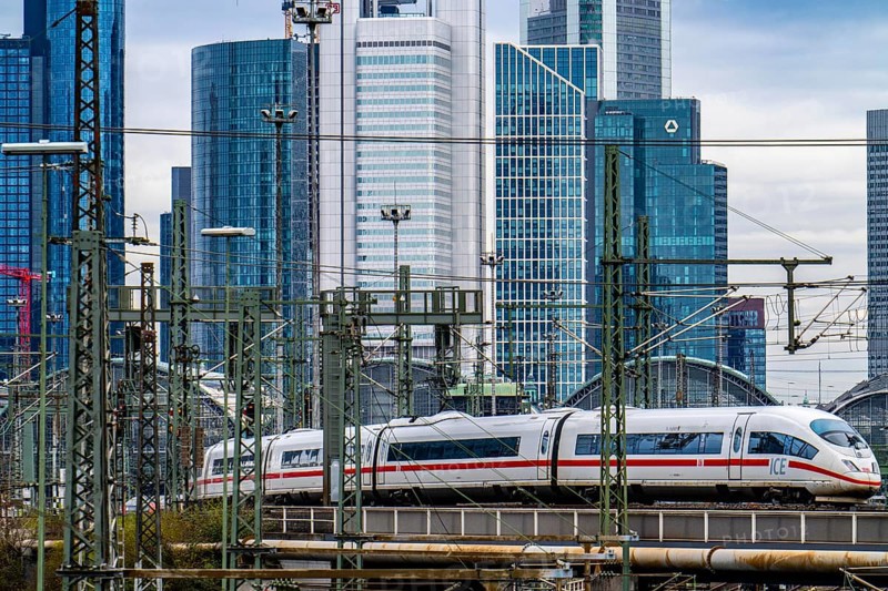 ICE train on the track in front of the main station of Frankfurt am Main, Skyline, Hesse, Germany, Europe