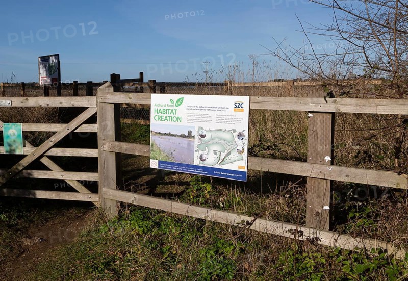 Information sign Sizewell C Consortium habitat creation project, Aldhurst Farm, Leiston, Suffolk, England, UK, EDF Energy