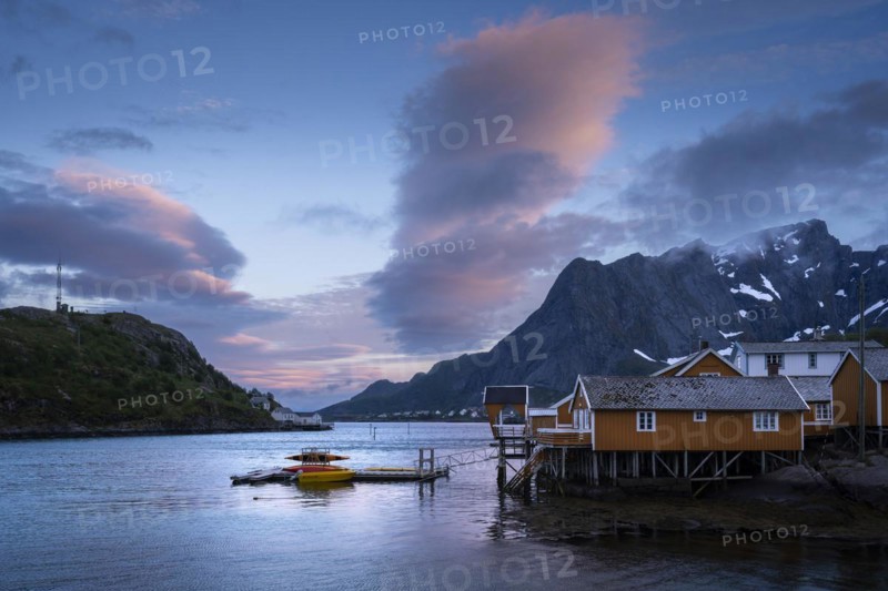 The village of Sakrisoy with its typical yellow or ochre-coloured wooden houses on wooden stilts (rorbuer) by the sea. At night during the midnight sun. Coloured lentil clouds in the blue sky. Early summer. Sakrisoy, Moskenesoya, Lofoten, Norway, Europe