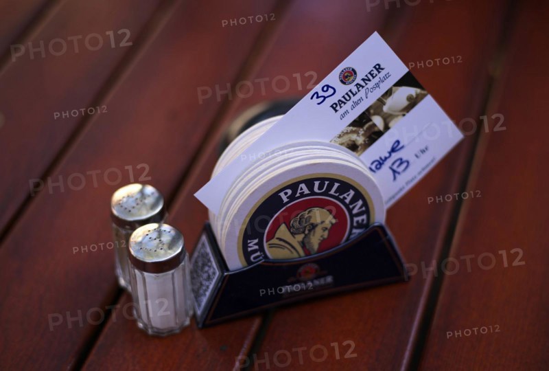 Beer mat, salt, pepper, reservation, table, Restaurant Paulaner am alten Postplatz, lettering, logo, Stuttgart, Baden-Württemberg, Germany, Europe