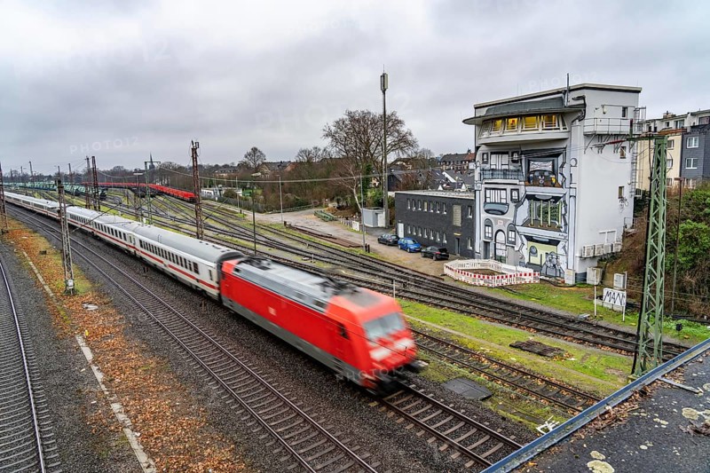 The Deutsche Bahn AG signal box in Mülheim-Styrum, controls train traffic on one of the busiest railway lines in Germany, between Essen and Duisburg, suburban trains, regional trains, ICE and IC long-distance trains and freight traffic, North Rhine-Westphalia, Germany, Europe