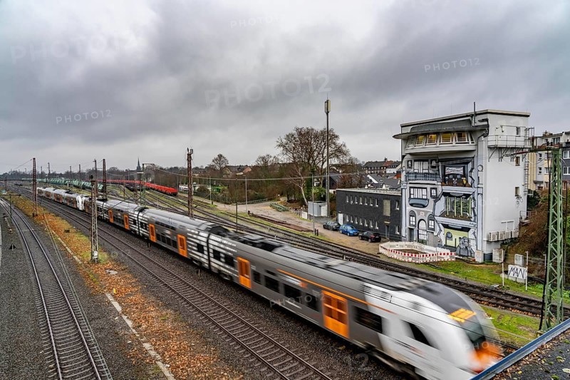 The Deutsche Bahn AG signal box in Mülheim-Styrum, controls train traffic on one of the busiest railway lines in Germany, between Essen and Duisburg, suburban trains, regional trains, ICE and IC long-distance trains and freight traffic, North Rhine-Westphalia, Germany, Europe