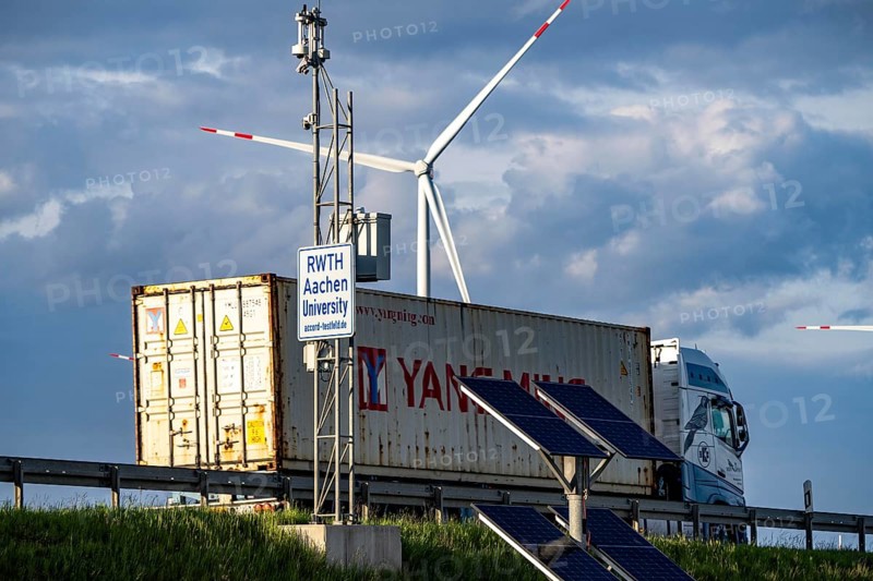 Test track of RWTH Aachen University, for autonomous driving, on the A44 motorway, 11 sensors on a 1 KM long motorway section collect data from test vehicles for research into automated and networked driving, autonomous driving, part of the ACCorD research project, near Titz-Jackerath, North Rhine-Westphalia, Germany, Europe